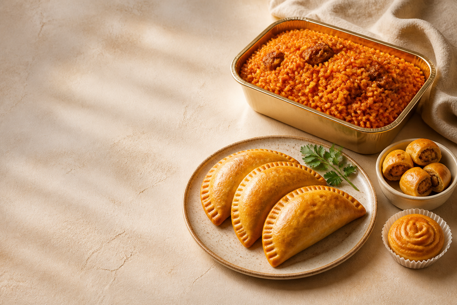A warm spread of jollof rice, savory pies and pastries